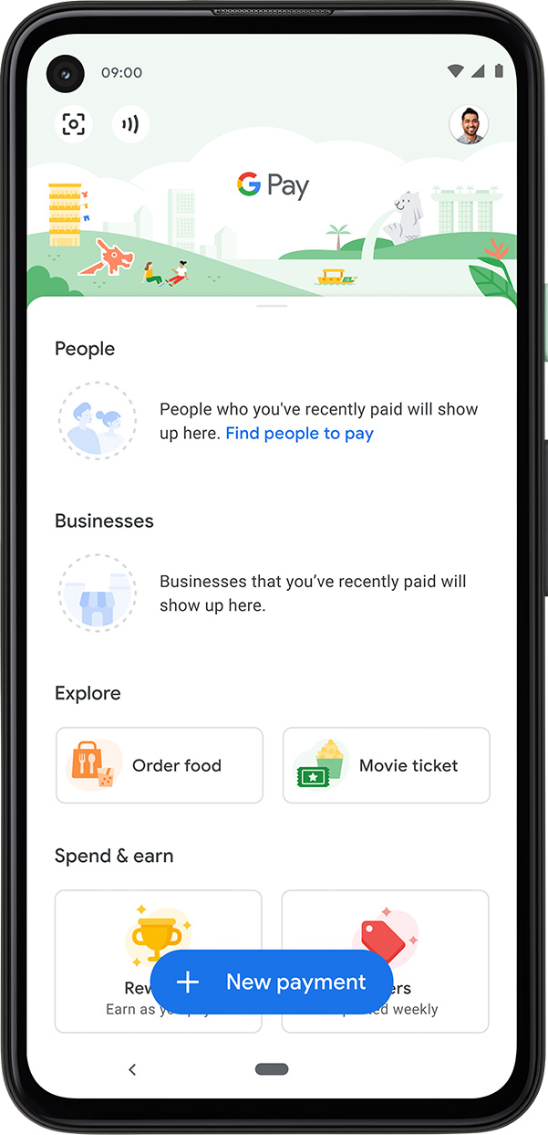 How to pay with Google Pay step 1: Select "New payment" on home screen.