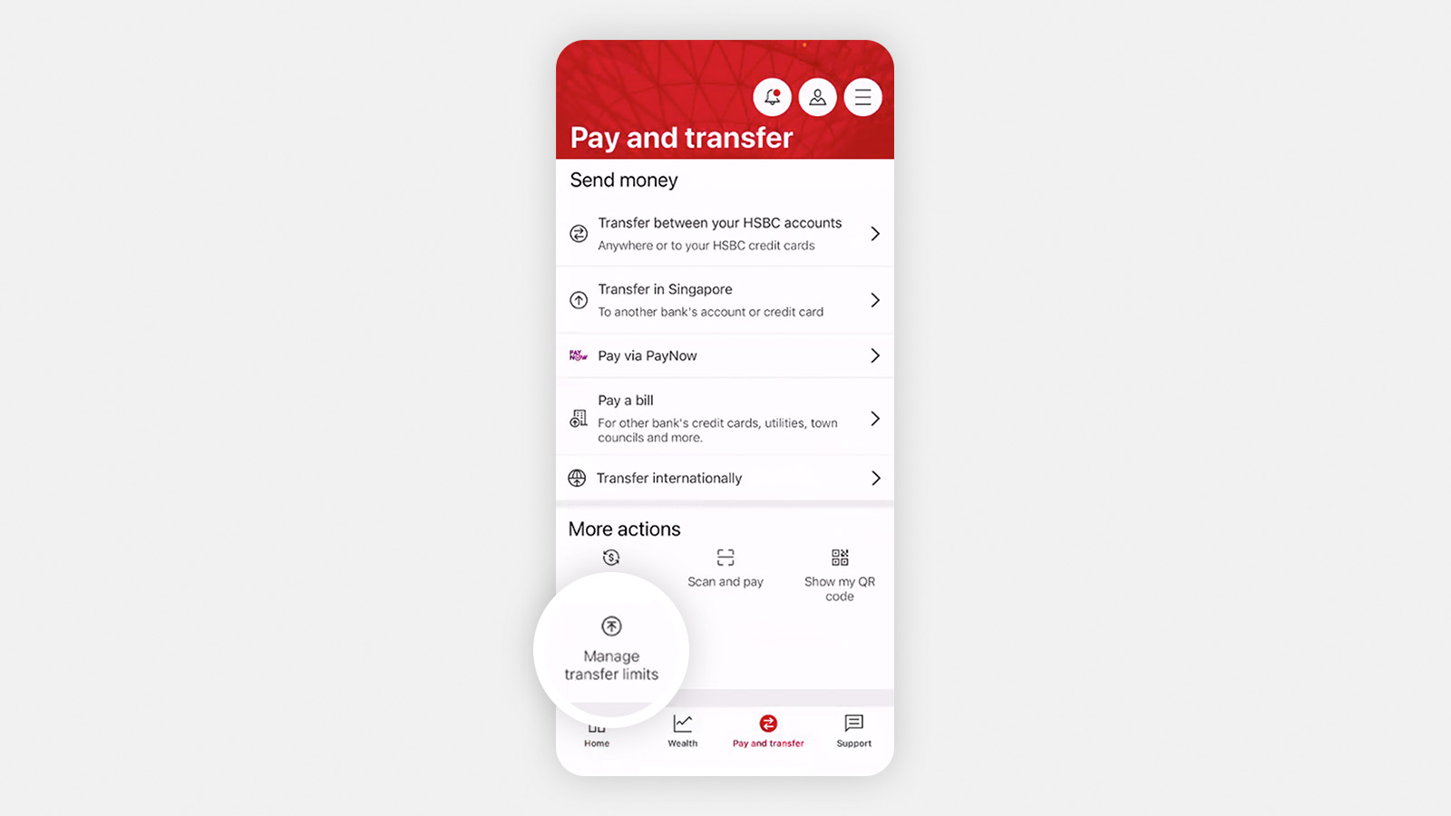 Move money tab on the HSBC Singapore app.